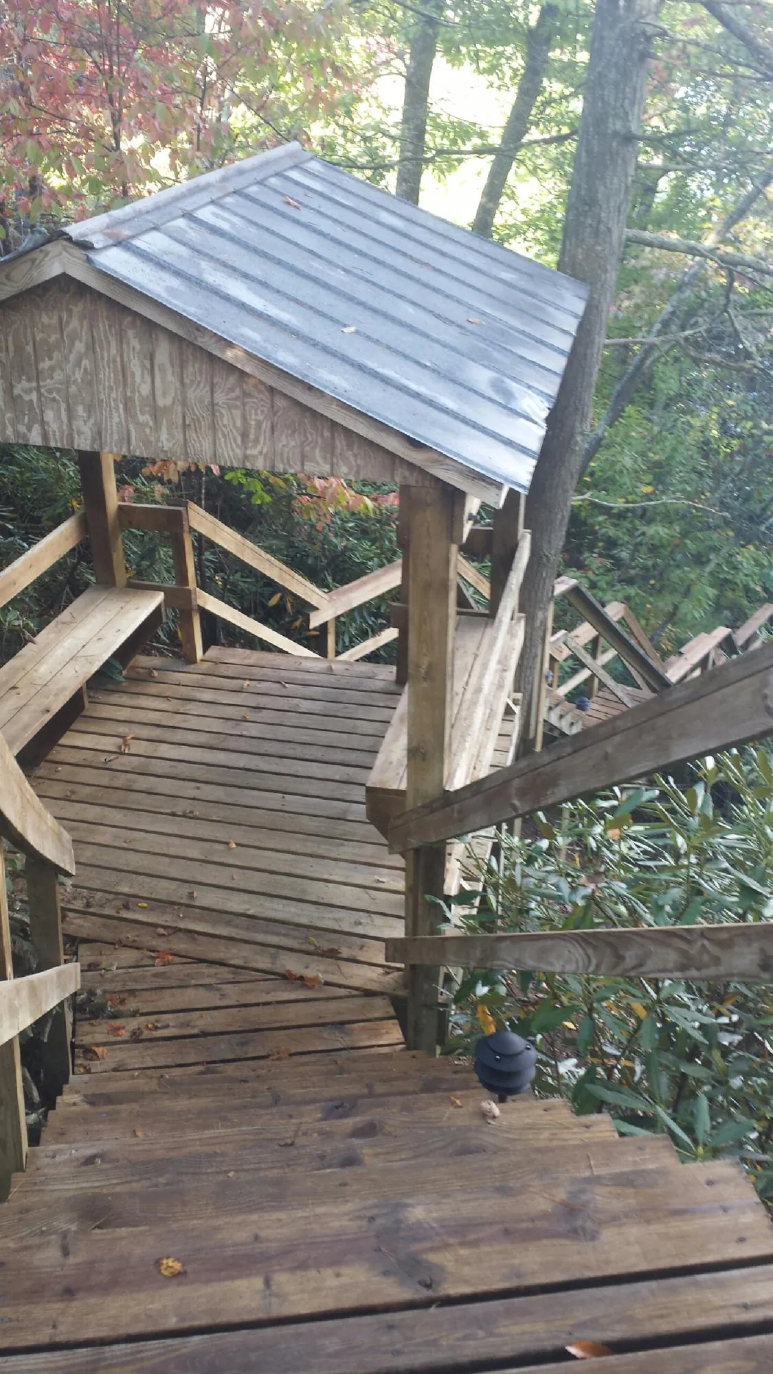 Metal roofed shelter over wooden steps on a wooded walkway — Skylight Repair & Installation work by our crew in Johnsonville